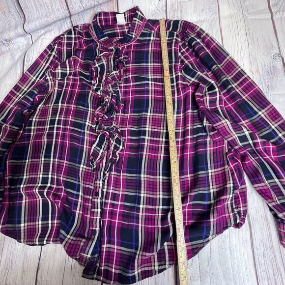 Chico's Women's Plaid  Flannel Top Size 4‎ (20/22) Ruffled Velvet Trim Collar - Picture 14 of 16